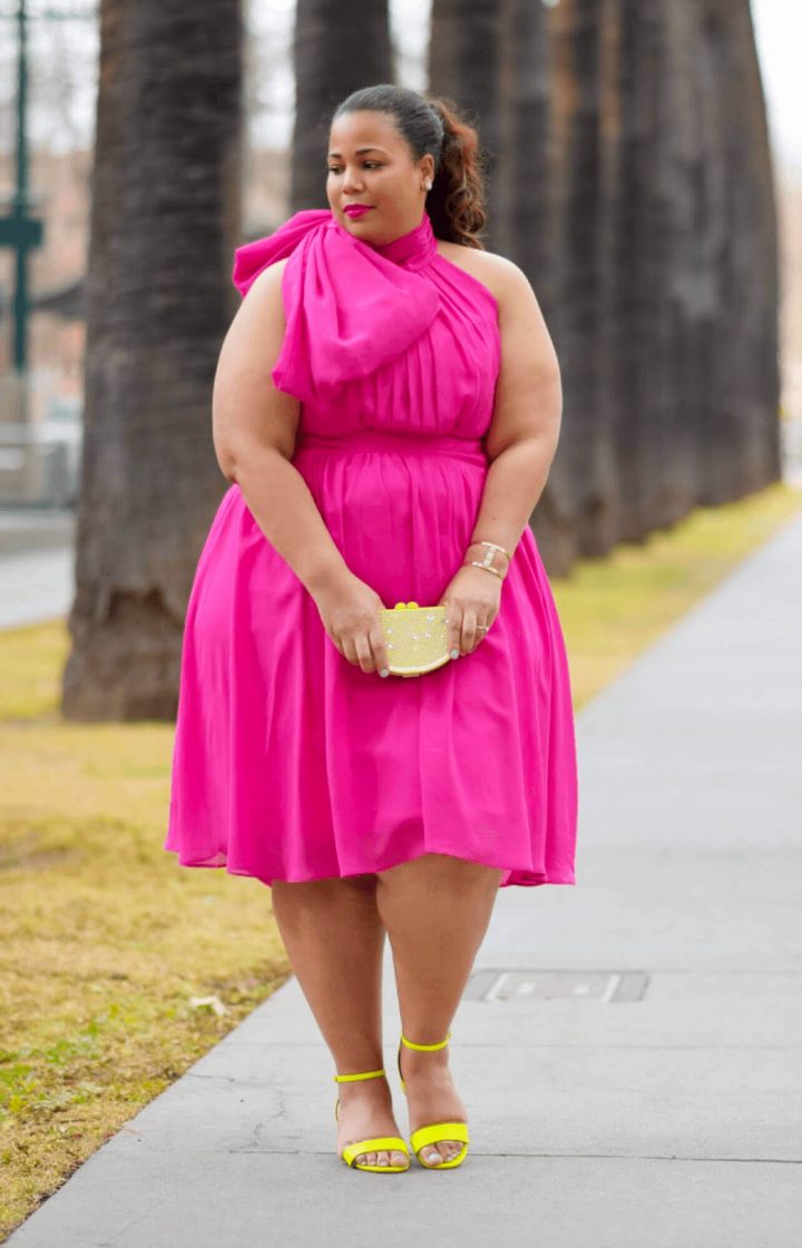 Pink dress store and yellow shoes